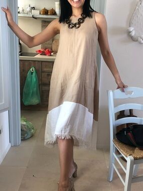 Nanette Lepore Beige and White Sleeveless Midi Dress